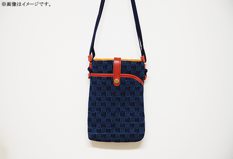 市松デニム生地のサコッシュポーチ 【市松ダーク革レッド】