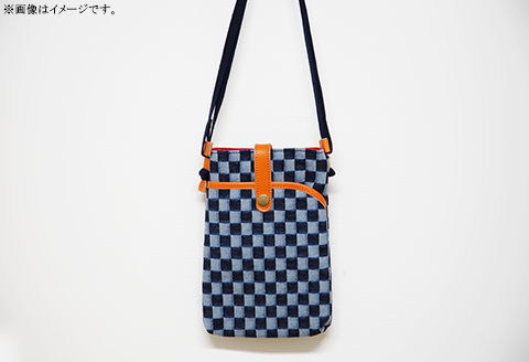 市松デニム生地のサコッシュポーチ 【市松ライト革ブラウン】