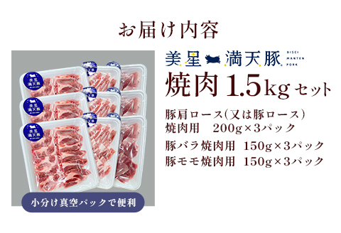 美星満天豚 焼肉 1.5kgセット（豚肩ロース又は豚ロース、豚バラ、豚モモ）小分け真空パック