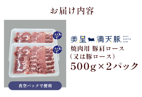 美星満天豚 豚肩ロース（又は豚ロース）1.0kg（小分け真空パック）焼肉用