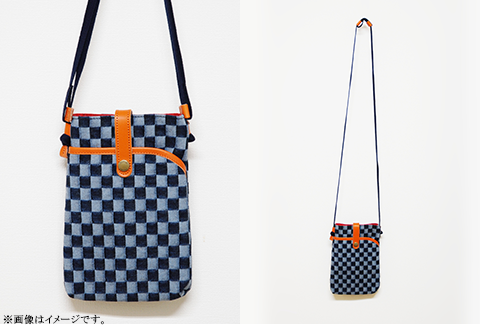 市松デニム生地のサコッシュポーチ 【市松ライト革ブラウン】