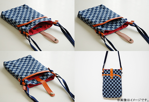 市松デニム生地のサコッシュポーチ 【市松ライト革ブラウン】