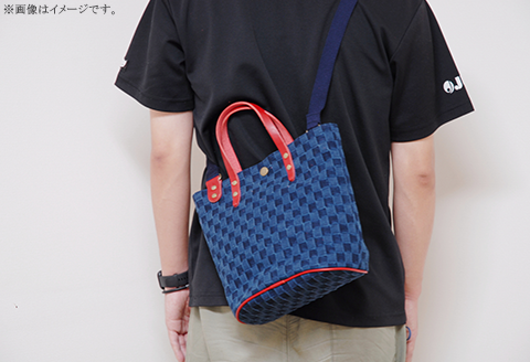 市松デニム生地のトートポシェット 【市松ダーク革レッド】