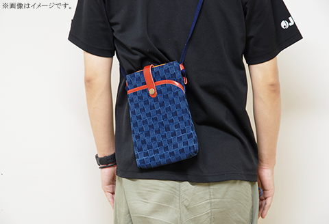 市松デニム生地のサコッシュポーチ 【市松ダーク革レッド】