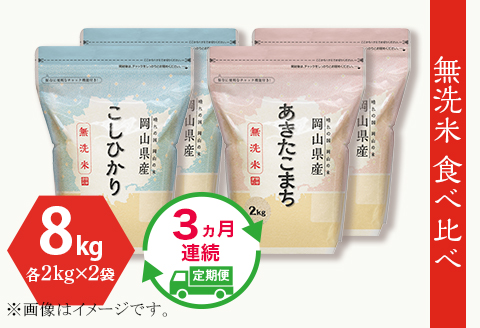 【無洗米】食べ比べ8kg（こしひかり2kg×2袋、あきたこまち2kg×2袋）【3ヶ月連続お届け】