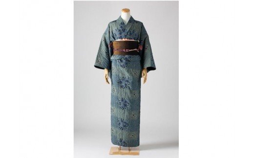 K-06　井原デニム着物　刺繍ボーダー　サイズL