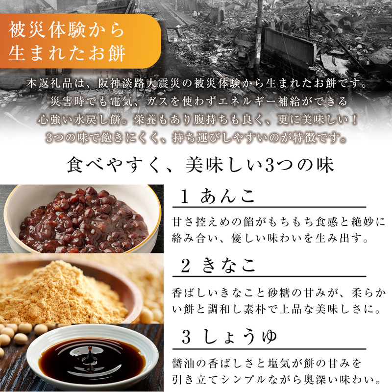 【非常食】水だけあれば餅（きなこ餅・あんこ餅・しょうゆ餅）〔３種×２〕011-002
