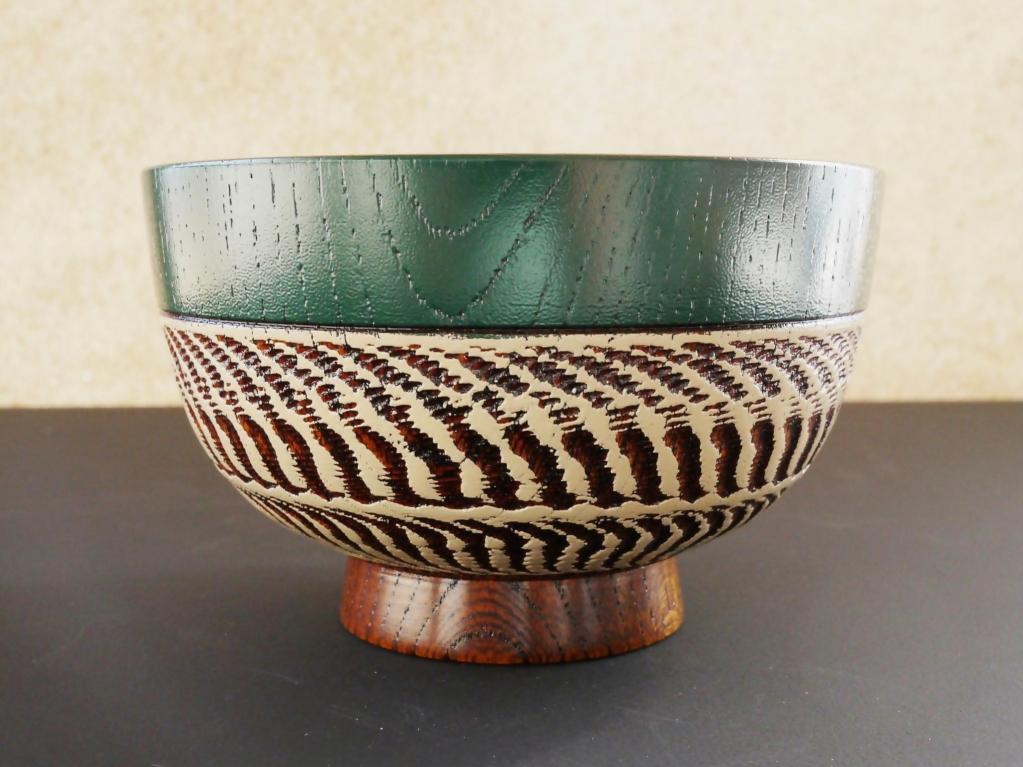 【漆工芸・黄薇彫】ケヤキ・汁椀（乱線文様）／緑030-033