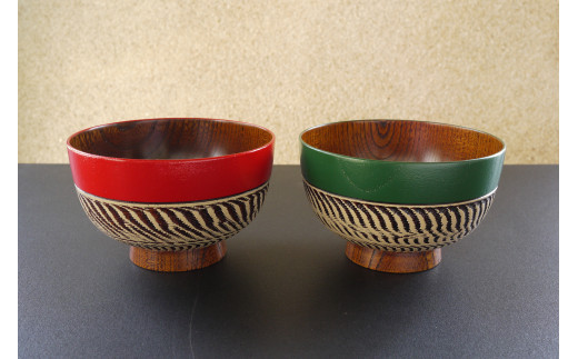 【漆工芸・黄薇彫】ケヤキ・汁椀（乱線文様）／赤・緑ペア055-001
