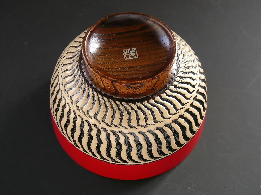 【漆工芸・黄薇彫】ケヤキ・汁椀（乱線文様）／赤030-032