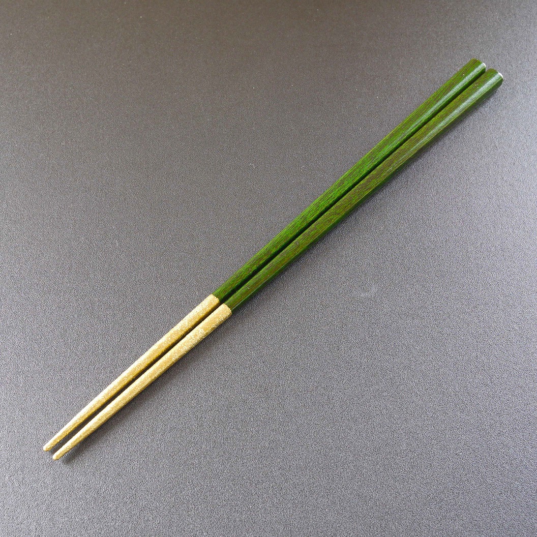 【漆工芸・黄薇彫】漆塗り箸（錫の輝き)／緑・24cm010-057