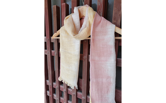 【麻田百貨店】ベンガラ染 タオルマフラー 黄色×ピンク グラデーション
