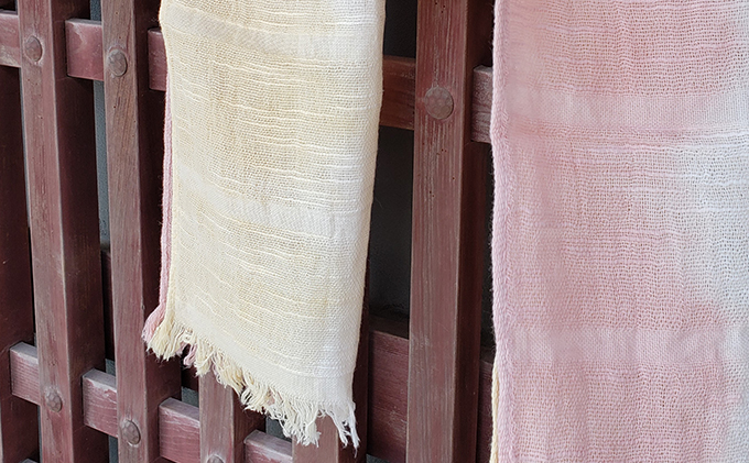 【麻田百貨店】ベンガラ染 タオルマフラー 黄色×ピンク グラデーション