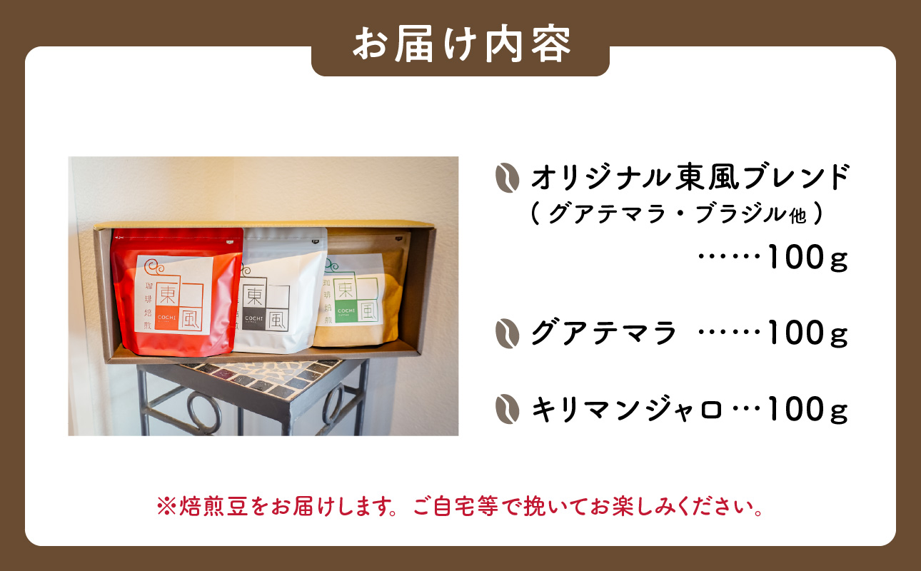 自家焙煎 コーヒー豆 焙煎珈琲 東風 オリジナルブレンド 100g×3袋 セット