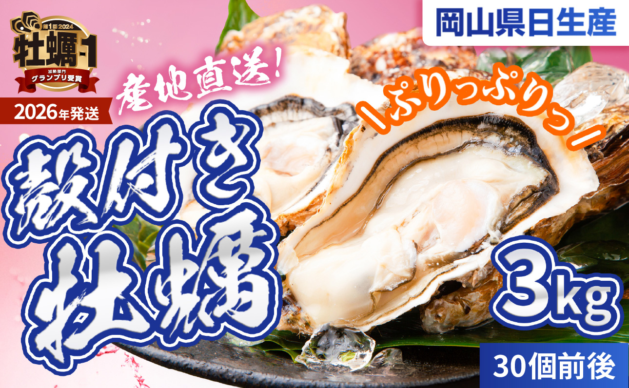 ★先行受付開始！★【2026年発送分】産地直送！岡山県日生産　殻付き牡蠣30個前後（3kg）（2026年1月中旬以降発送）【 全国牡蠣-1グランプリ豊洲2024 加熱部門初代グランプリ受賞！ 牡蠣 3kg 加熱用 蒸しカキ 焼き牡蠣 】