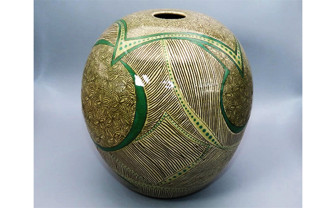 虫明焼 灰釉線文壺（黒井千左 作）