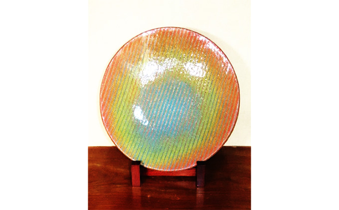 虫明焼 灰釉荒土彩色象嵌大皿（黒井千左 作）