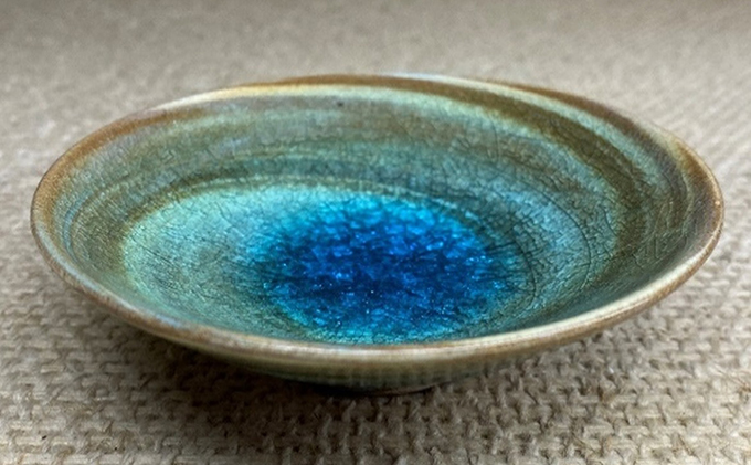 虫明焼　灰釉彩貫入練込盃（青）（黒井博史作）