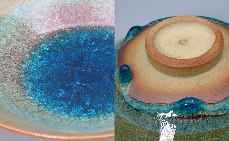 【高島屋選定品】虫明焼窯元 灰釉彩貫入茶碗（青・黒井博史作）