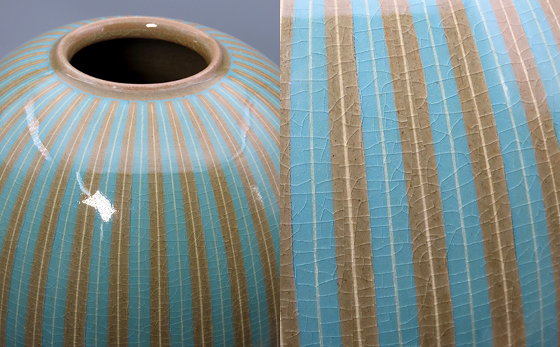 【高島屋選定品】虫明焼窯元 灰釉象嵌線文壺（黒井千左作）