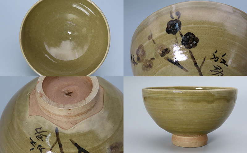 【高島屋選定品】虫明焼窯元 灰釉梅の絵茶碗（黒井千左作・松尾敏男 絵）