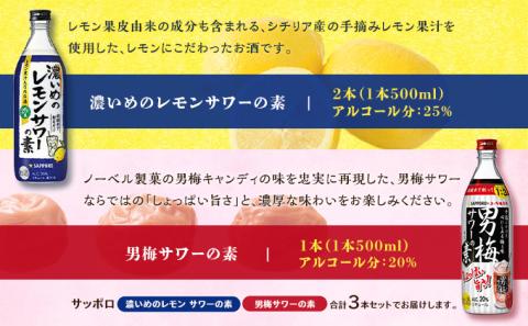 サッポロ 濃いめの レモンサワー の素 2本／ 男梅サワー の素 1本 合計3本 セット （1本500ml） お酒 サワー レモン 檸檬 梅味 男梅 原液 洋酒 リキュール類