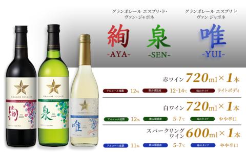 ワイン グランポレール エスプリ ド ヴァン ジャポネ 飲み比べ 3本セット 絢 -AYA-、泉 -SEN-、唯-YUI- 赤ワイン 白ワイン スパークリングワイン サッポロビール 岡山ワイナリー