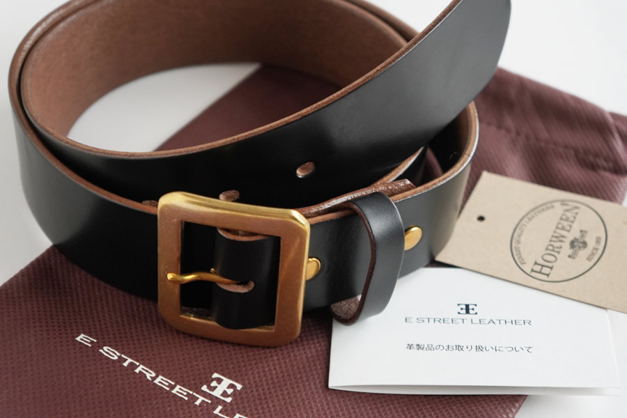 E STREET LEATHER ホーウィン・クロムエクセル 茶芯革 レザーベルト ブラック（40インチ 101.5cm）【star006-6-01】 40インチ 101.5cm