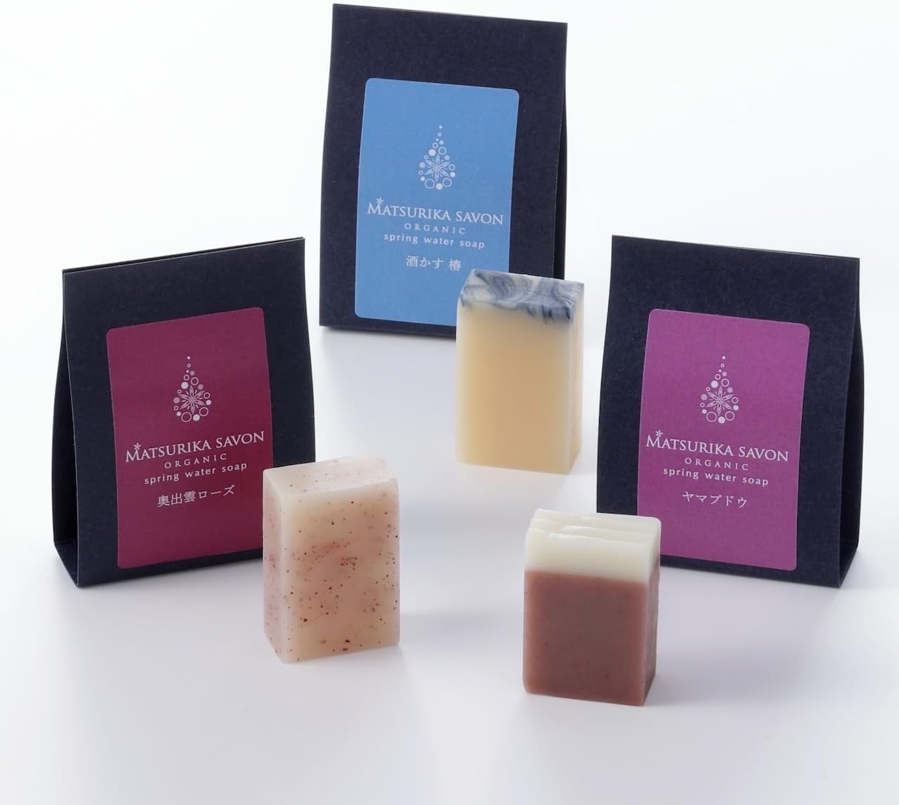 【マツリカサボン】 トライアル石けん 12ｇ×３種「 エイジングケア ・ 高保湿 セット」（ 奥出雲ローズ ・ ヤマブドウ ・ 酒かす椿 ）/ オーガニック せっけん 自然素材 石鹸 岡山 真庭 肌にやさしい こだわり 手作り 無添加 ハーブ セット ヤマブドウ 酒かす 椿 奥出雲 ローズ ミニサイズ お試し 年齢肌 詰め合わせ MATSURIKA SAVON【savon009-01】