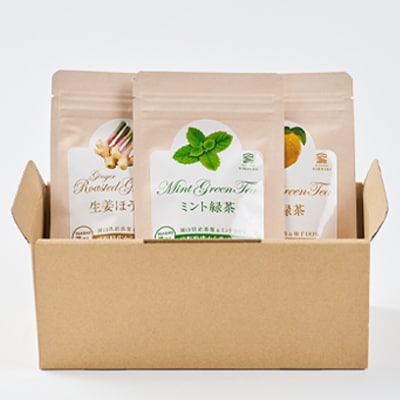 岡山県美作市産 【緑茶】生姜ほうじ茶・ゆず緑茶・ミント緑茶セット　各1個(各2g×7個入り)