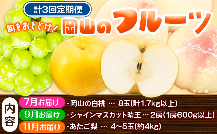 【2026年先行予約】定期便3回コース(隔月)  岡山の白桃8玉 シャインマスカット 晴王 2房 あたご梨 《2026年7月上旬から11月下旬出荷》【配送不可地域あり】（北海道・沖縄・離島）---124_c1877_7a11c_25_82500_tei---