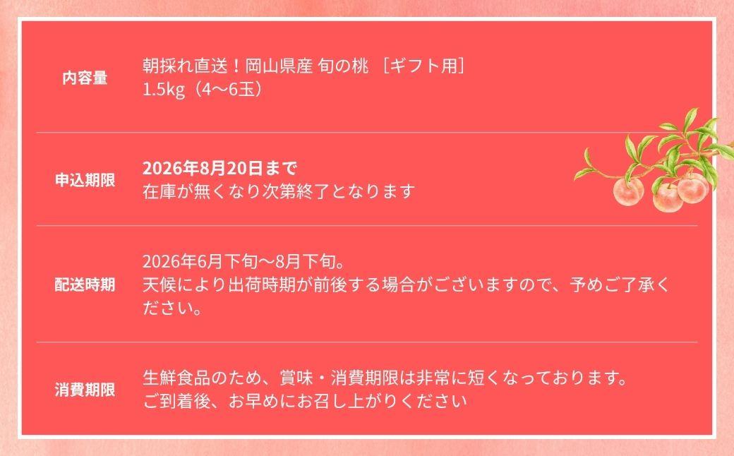 ＜数量限定＞［なんばふぁーむ］岡山県産 旬の桃 1.5kg（4～6玉）[ギフト用]【2026年発送】039-a003 1.5kg（4～6玉）
