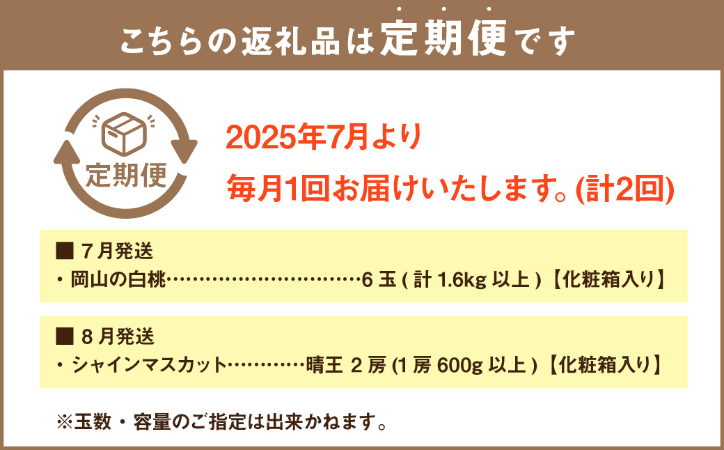 【2回定期便】岡山県産 フルーツ定期便コース （白桃・ 晴王） 計約2.8kg 【2025年7月上旬発送開始】 白桃 桃 もも シャインマスカット 晴王 ぶどう 葡萄 マスカット フルーツ 果物 くだもの 岡山