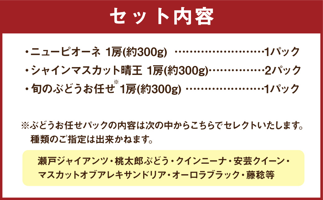 岡山県産 ぶどう パック 詰合せ ※3種4パックセット 計約1.2kg 【2025年9月上旬～10月下旬発送予定】 岡山 シャインマスカット ニューピオーネ 旬 果物 くだもの フルーツ ぶどう ブドウ 葡萄 セット
