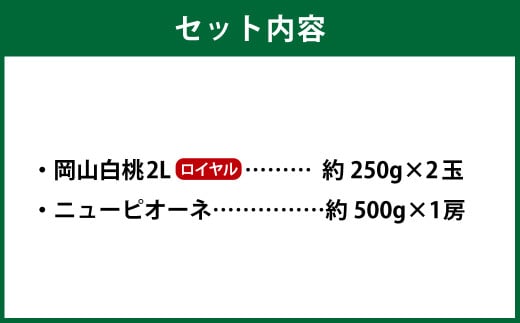 岡山県産 岡山白桃 ロイヤル 2Lサイズ 約250g×2玉・ニューピオーネ 約500g×1房 詰合せ 【2026年7月上旬～8月下旬発送予定】 白桃 桃 もも モモ ピオーネ ぶどう 葡萄 ブドウ セット