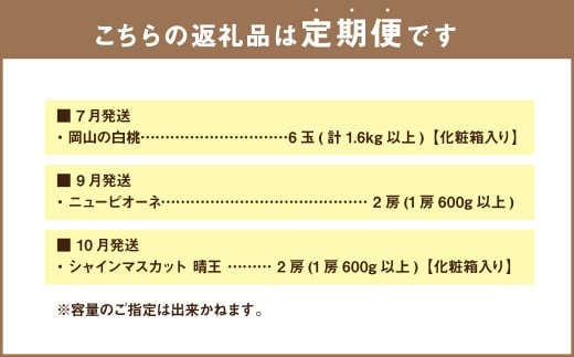 【3回定期便】岡山県産 フルーツ定期便コース （白桃・ニューピオーネ・晴王） 計約4kg 【2025年7月上旬発送開始】 白桃 桃 もも ニューピオーネ シャインマスカット 晴王 ぶどう 葡萄 マスカット フルーツ 果物 くだもの 岡山