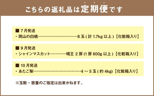 【3回定期便】岡山県産 フルーツ定期便コース （白桃・ 晴王・あたご梨） 計約6.9kg 【2026年7月上旬発送開始】 白桃 桃 もも シャインマスカット 晴王 ぶどう 葡萄 マスカット あたご 梨 なし フルーツ 果物 くだもの 岡山