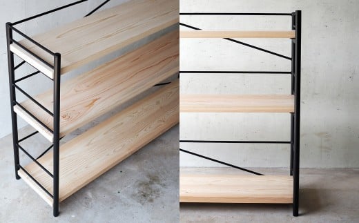【アイアン ブックシェルフ】岡山産ヒノキ無垢材の本棚 E-mq-A28A
