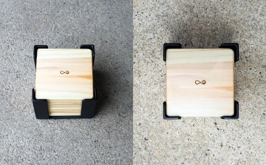 ヒノキ×アイアン コースター 8枚セット｜天然木＆鉄製ホルダー付き おしゃれ雑貨 E-ms-A29A