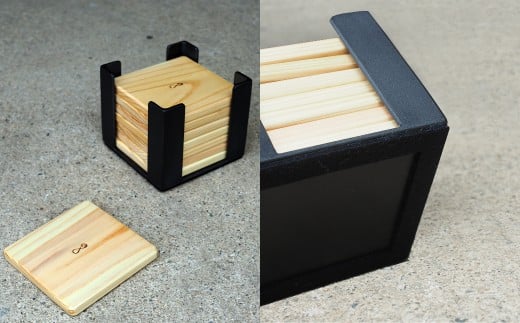 ヒノキ×アイアン コースター 8枚セット｜天然木＆鉄製ホルダー付き おしゃれ雑貨 E-ms-A29A