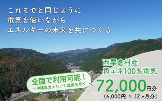 電気料金 （6,000円×12ヶ月分） 百森でんき CO2フリー 地域電力 お礼の電力 電気代 脱炭素 ゼロカーボン 岡山県 西粟倉村 【まずは寄付のお申し込みを！】e-vv-A05D