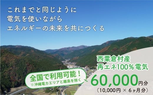 電気料金 （10,000円×6ヶ月分） 百森でんき CO2フリー 地域電力 お礼の電力 電気代 脱炭素 ゼロカーボン 岡山県 西粟倉村 【まずは寄付のお申し込みを！】e-vv-A06D