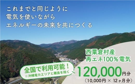 電気料金 （10,000円×12ヶ月分） 百森でんき CO2フリー 地域電力 お礼の電力 電気代 脱炭素 ゼロカーボン 岡山県 西粟倉村 【まずは寄付のお申し込みを！】e-vv-A07D