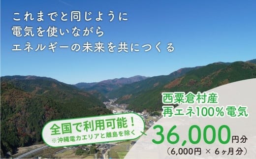 電気料金 （6,000円×6ヶ月分） 百森でんき CO2フリー 地域電力 お礼の電力 電気代 脱炭素 ゼロカーボン 岡山県 西粟倉村 【まずは寄付のお申し込みを！】 e-vv-A04D