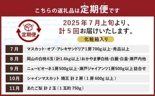 【5回定期便】岡山県産 フルーツ定期便コース （マスカットオブアレキサンドリア ・ 白桃 ・ ニューピオーネ ・ シャインマスカット 晴王 ・ あたご梨） 【2025年7月上旬発送開始】 ／ 5回 マスカット 葡萄 ぶどう 桃 もも 梨 なし 果物 果実 フルーツ 旬 定期便 岡山県 美咲町 冷蔵 常温