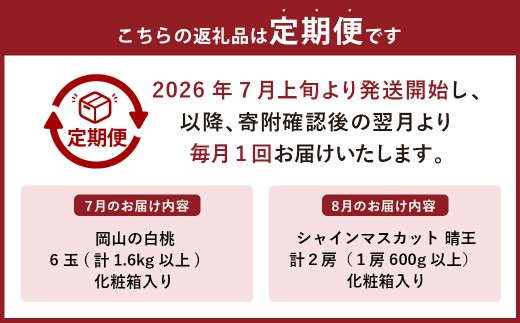 【2回定期便】岡山県産 フルーツ定期便コース（白桃 ・ シャインマスカット 晴王） 【2026年7月上旬発送開始】 ／ 2回 桃 もも マスカット 葡萄 ぶどう 果物 果実 フルーツ 旬 定期便 岡山県 美咲町 冷蔵