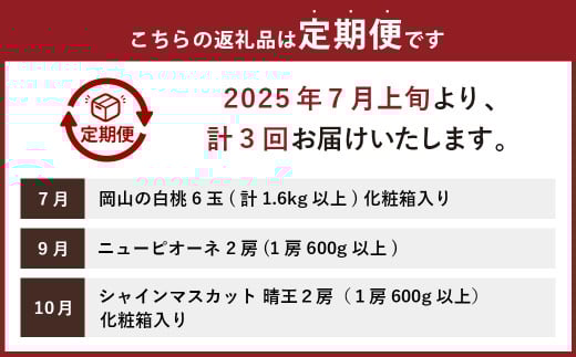 【3回定期便】岡山県産 フルーツ定期便コース （白桃 ・ ニューピオーネ ・ 晴王） 【2025年7月上旬発送開始】 ／ 3回 桃 もも 葡萄 ぶどう シャインマスカット マスカット 果物 果実 フルーツ 旬 定期便 岡山県 美咲町 冷蔵