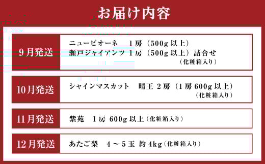 【4回定期便】岡山県産 フルーツ定期便コース （ニューピオーネ ・ シャインマスカット ・ 紫苑 ・ あたご梨） 【2025年9月上旬発送開始】 ／ 4回 葡萄 ぶどう マスカット 晴王 梨 なし 果物 果実 フルーツ 旬 定期便 岡山県 美咲町 冷蔵 常温