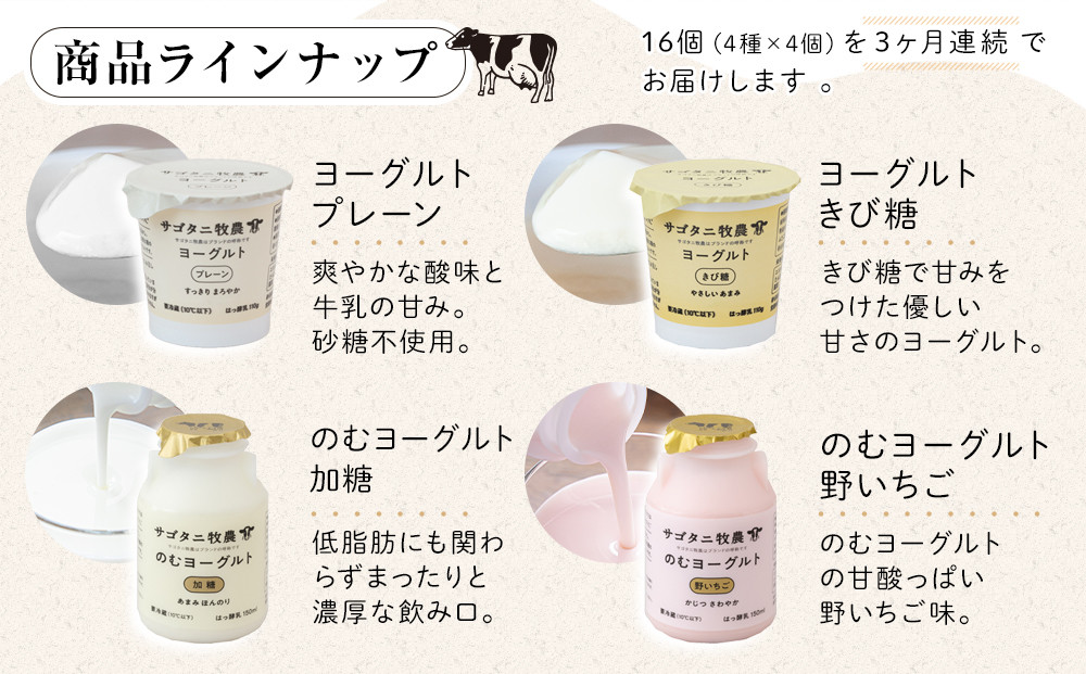 ＜３ヶ月連続お届け 定期便＞ 牧場直送 サゴタニ牧農 ヨーグルト16個（4種×4）セット