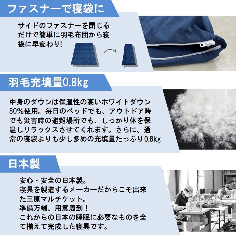 三原マルチケット 防災 寝袋 車中泊 羽毛布団 収納袋付 多目的 シングル アイボリー（150×210）　016107